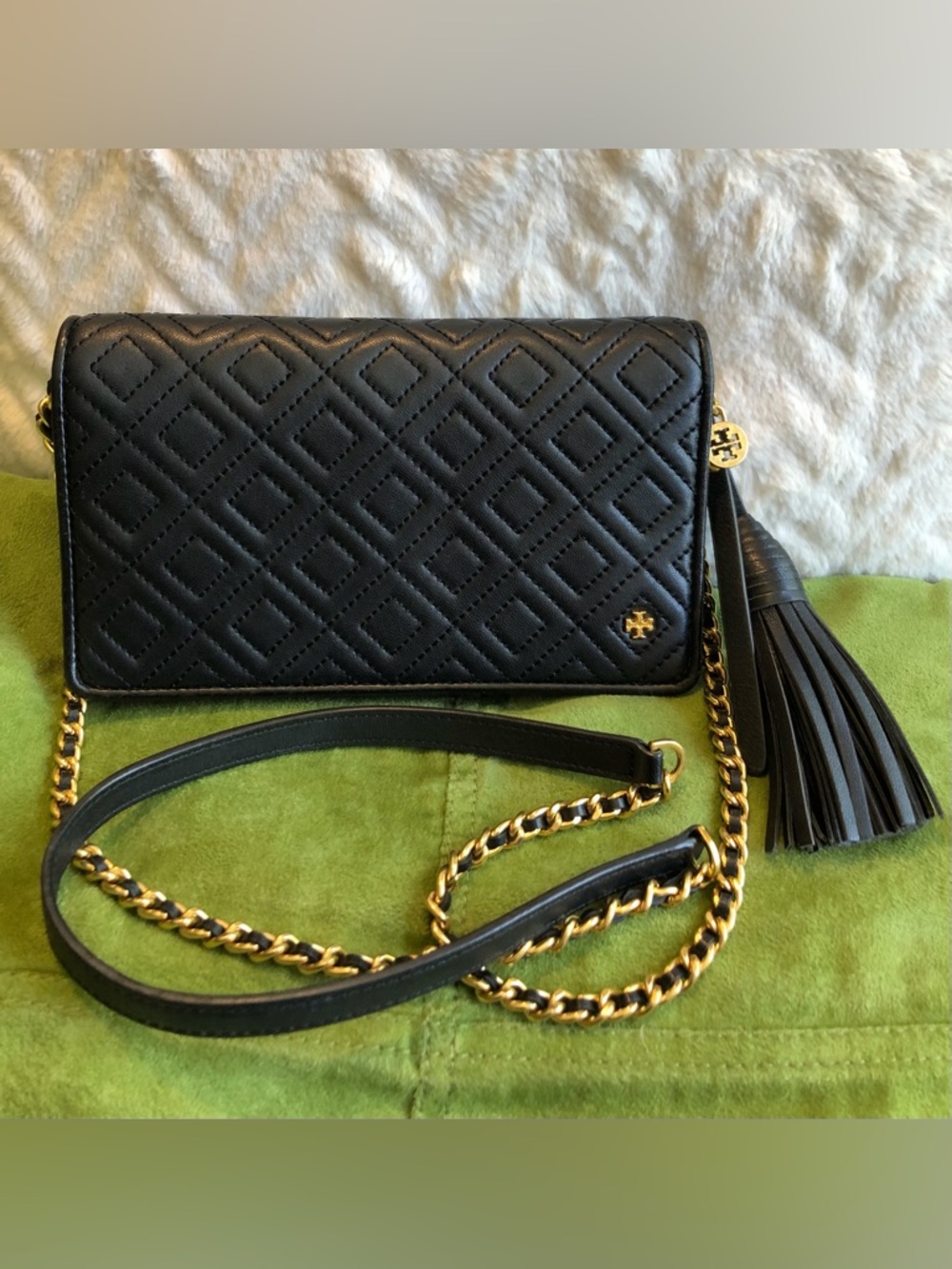 Tory Burch Black Quilted Leather Crossbody with Gold-Tone Chain & Tassel